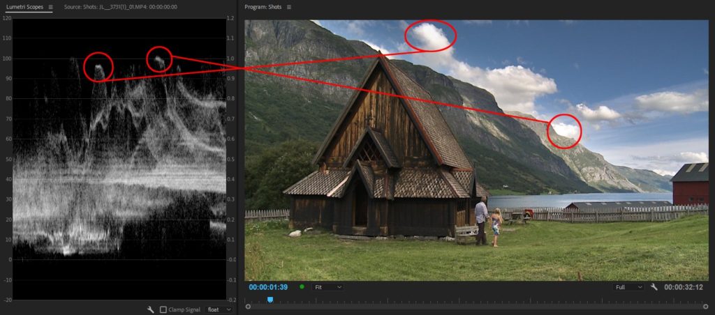 Выступы на индикаторе Waveform показывают самые яркие пиксели.