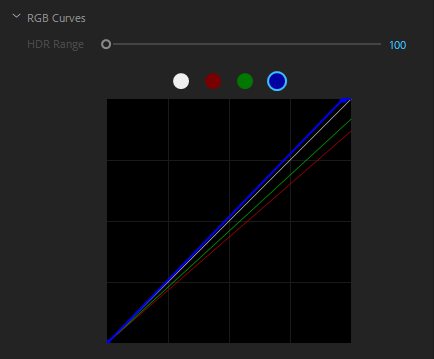 Коррекция RGB кривых, необходимая для повышения уровня голубых, а также для снижения уровня зеленого и красного цвета . Этот скриншот сделан из панели цветов Lumetri в Premiere Pro.