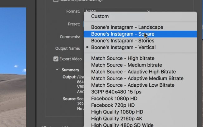 Использование пресетов для экспорта видео для Instagram